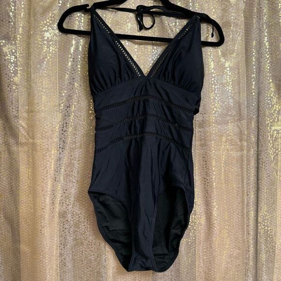 Tempt Me Black Halter Neck Sheer Striped One Piece Swimsuit Med NWT - Picture 1 of 8